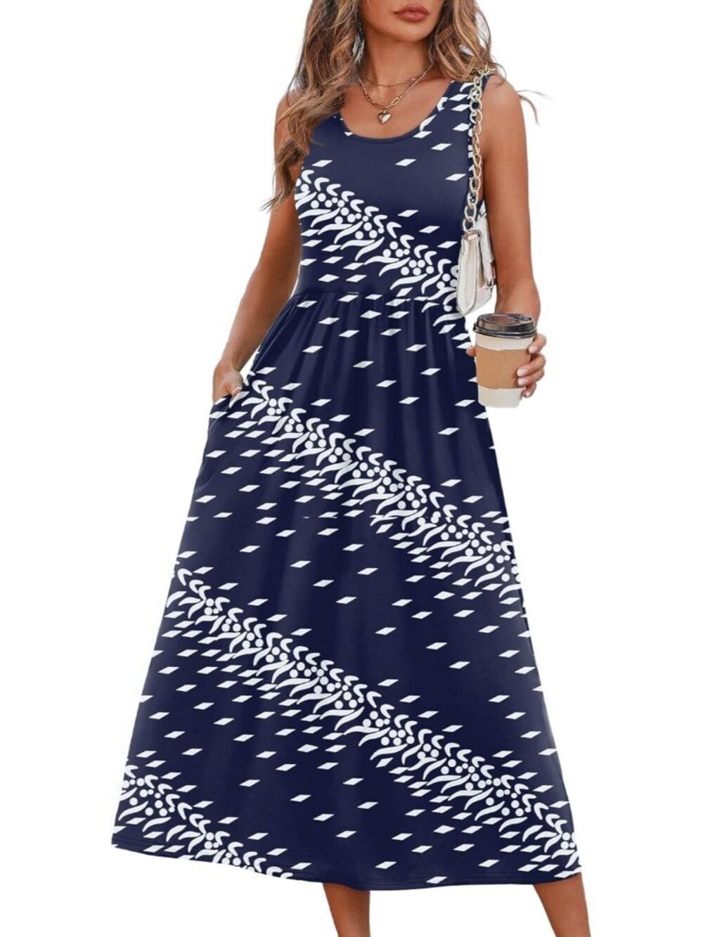 Women's Midi Dresses Vintage Navy Print Scoop Neck Sleeveless Summer Casual Soft